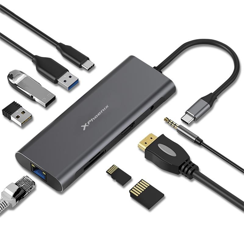 Dock USB-C Phoenix Multipuerto 9 en 1 HDMI 4K/RJ45/MICROSD/USB 3.0 Negro