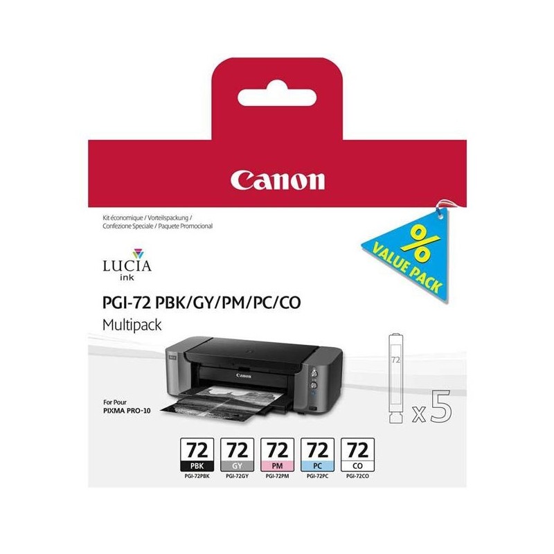 Tinta Canon 72 Pack de los 5 Colores PGI-72PBK/GY/PM/PC/CO