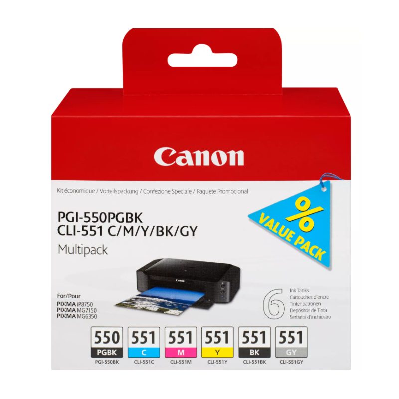 Tinta Canon 550+551 Pack de los 6 Colores PGI-550PGBK+CLI-551