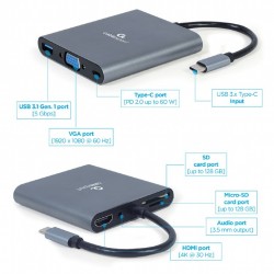 Adaptador Combinado USB-C 5 en 1 (Hub + HDMI + PD + Lector de Tarjetas + LAN) Cablexpert